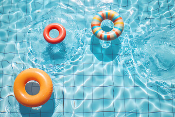 AI generated image, Summer time concept ,Colorful rubber rings floating in bright and clean swimming pool, top view, view from above