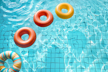 AI generated image, Summer time concept ,Colorful rubber rings floating in bright and clean swimming pool, top view, view from above
