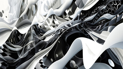 Fototapeta premium Fluid black-white background with waves morphing into geometrics.