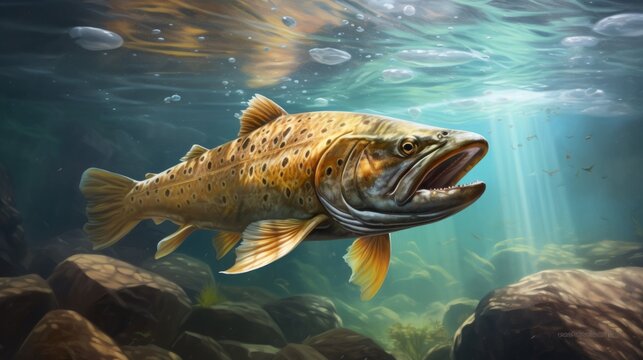 Underwater photo of The Brown Trout (Salmo Trutta) in a mountain lake. Close up with shallow DOF.