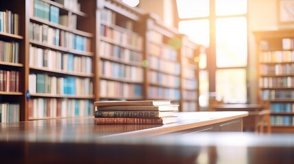 Abstract blurred college library interior: blurry classroom with bookshelves for bookshop business or education resource background

