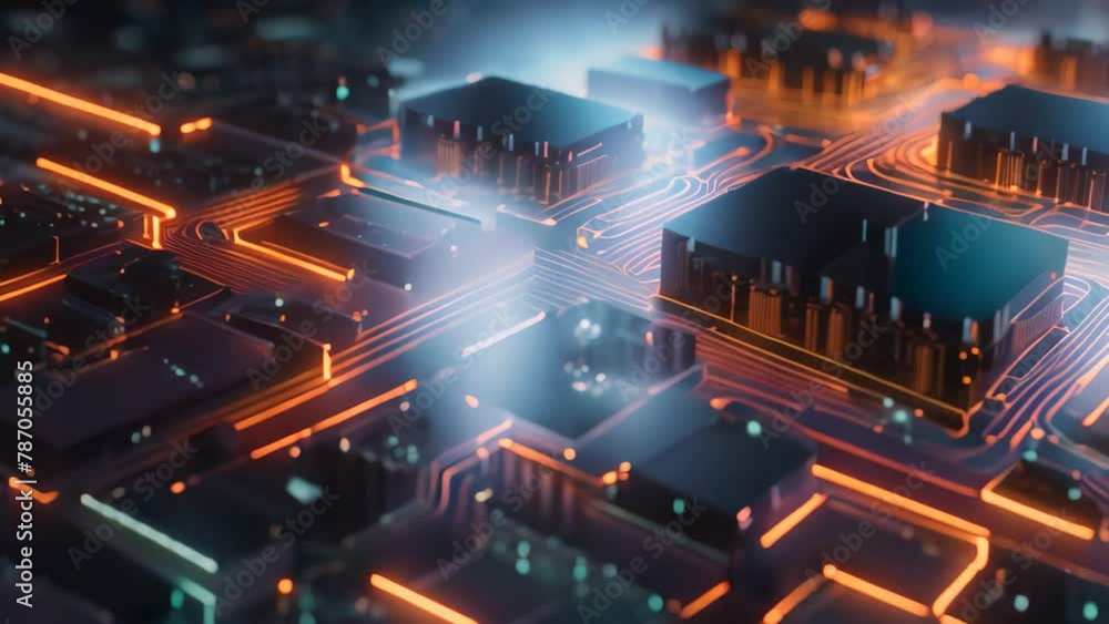 Poster circuit board with microchips and connections. 3d rendering, abstract technology and circuit board w