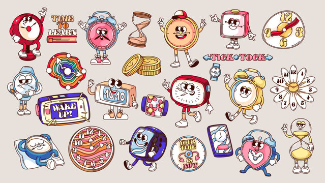 Groovy clock cartoon characters and time stickers set. Funny retro alarm clock and digital watch, wristwatch and sandglass. Cartoon typography badge and emoji of 70s 80s style vector illustration