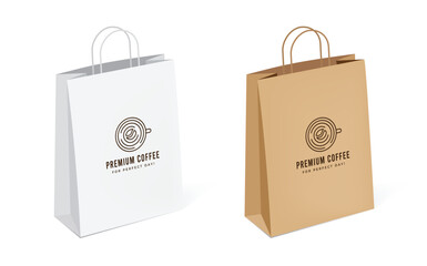 Paper bag mockup with twisted handle and cafe logo design. Brown shopping bag 3D template