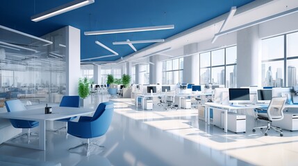Contemporary white and blue office space: modern interior design in business environment

