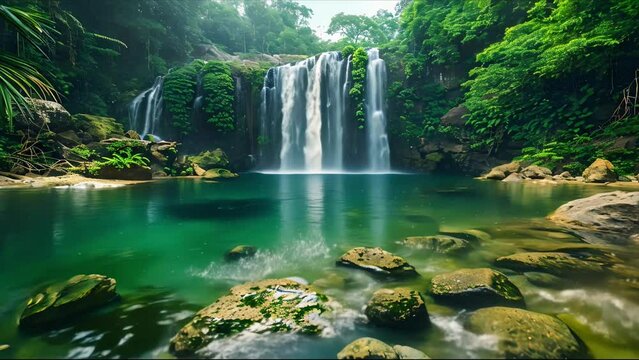 Serene Waterfall Haven in Verdant Wilderness. Concept Waterfall Photography, Nature Photography, Scenic Landscapes, Wilderness Escape, Tranquil Haven