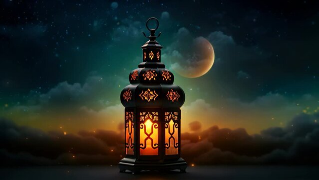Ramadan Kareem greeting card with beautiful lanterns and full moon, arabic lantern of ramadan celebration background illustration