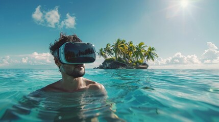 A man experiences virtual reality in the clear blue waters of a tropical setting, with an idyllic island in the background. - obrazy, fototapety, plakaty