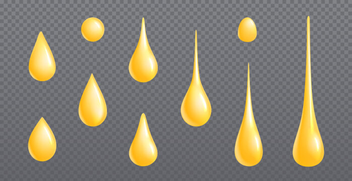 3d oil drop. Golden honey droplet isolated vector. Olive or argan liquid essence drip. Realistic nature cosmetic vitamin serum clipart set. Yellow organic lotion for skin hydrating graphic collection