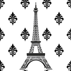 isolated. wallpaper. The pattern seamless. Graphic drawing of the Eiffel Tower. French motif. Hand drawn graphic. Black and white picture. Textile, Paper, Packaging 