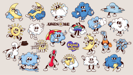 Groovy cartoon weather characters and typography stickers set. Funny retro personages for comic weather forecast, meteorology mascots, cartoon climate emoji of 70s 80s style vector illustration