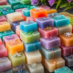 Floral scented and colorful bath soaps variety nicely stacked up - obrazy, fototapety, plakaty