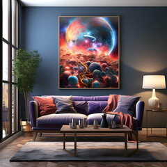 interior with purple sofa. 3d illustration.  picture frame.