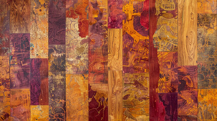 An aerial view of a wooden floor adorned with abstract patterns of golden ochre and deep crimson, resembling a vibrant tapestry.