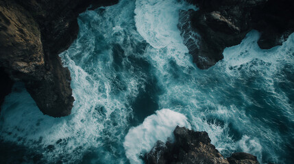 Dramatic coastline with rugged cliffs and crashing waves captured from above. Happiness, love,...