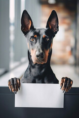 Doberman dog with a sign