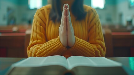 A woman in a yellow sweater prays with folded hands over an open bible - obrazy, fototapety, plakaty
