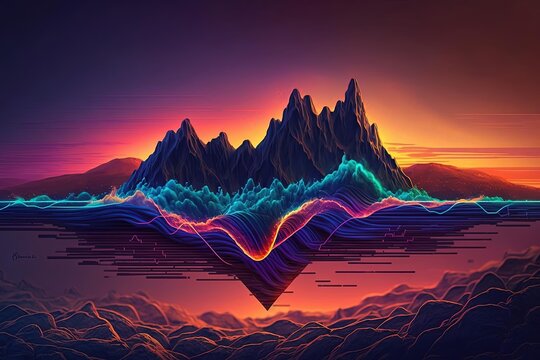 Digital Painting of Mountain with Wave - Analytical Art Synthwave