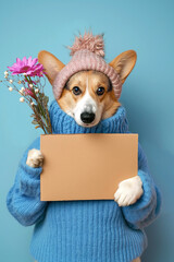 Dog breed corgi holding sign