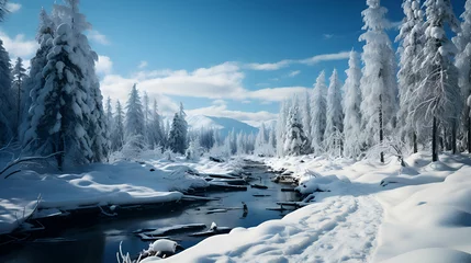 Poster Winter landscape with snow covered trees and river. Panoramic view. © Wazir Design