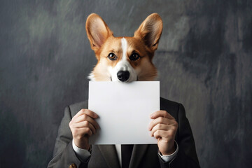 Dog breed corgi holding sign