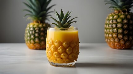 Pineapple juice in glassware and whole pineapple fruit on gray background.generative.ai