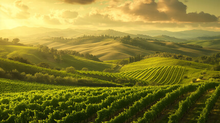 Lush vineyards spreading across rolling hills, basking in the warmth of the sun. Happiness, love, courage, desire to live
