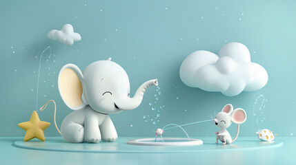 3D vector design of an elephant and mouse playing with a water sprinkler, joyous summertime vibe,