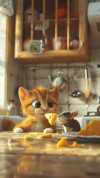 3D vector of a cat and mouse sharing a piece of cheese, playful scene in a cozy kitchen,