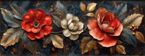 Floral Metal Wall Art on Black Marble Background.
