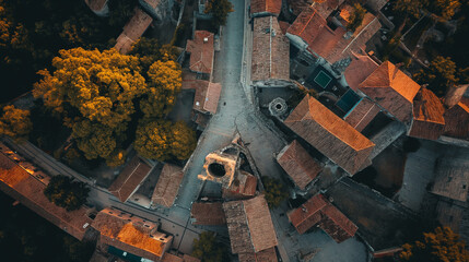 Drone view of a historic city with ancient cobblestone streets and medieval architecture. Happiness, love, courage, desire to live