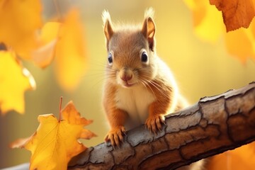 A cute and adorable baby squirrel with big brown eye on a brench with yellow leaves. Generative AI
