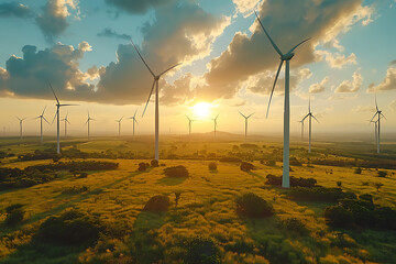 A wind turbine set against a natural backdrop, symbolizing green energy and ecological sustainability, promoting renewable power for a cleaner environment - obrazy, fototapety, plakaty