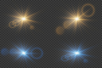 
Set of light flares. Bright flashes of light. Explosion of stars and light rays. On a transparent background.
