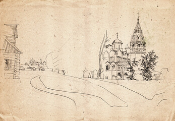 Hand drawn architectural sketch on an aged beige paper. Landscape with ancient stone churches and bell towers and wooden log huts in the Russian building traditions - obrazy, fototapety, plakaty