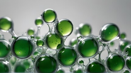 transparent green oil bubbles and fluid shapes in purified water on a white gradient background.generative.ai