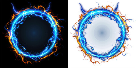 abstract blue fire flames light plasma effect ring graphic elements isolated on transparent PNG background and black background