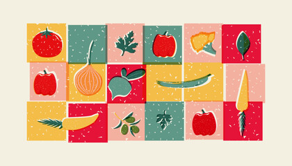 Risograph Vegetables, healthy organic Food, natural geometric Pattern in Tiles, decorative abstract art with Tomatoes, Potatos, Garlic, Onion, Green, banner, wallpaper
