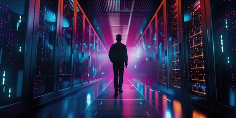Database server center with the silhouette of an IT Engineer overseeing high speed data transfer. - obrazy, fototapety, plakaty