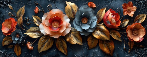Naklejka premium Floral Metal Wall Art on Black Marble Background.
