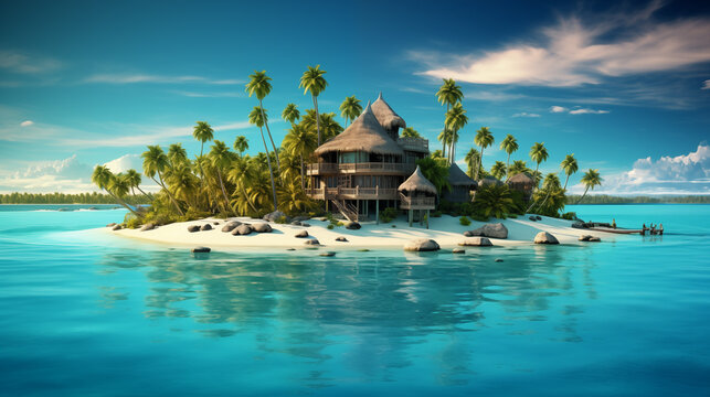 Mini hotel on a small island in the middle of the ocean. The concept of traditional mini hotels in the Maldives.