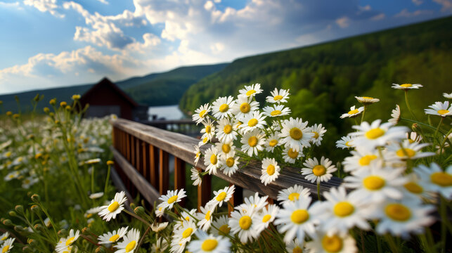 European spring summer landscape with blomming white daisy or chamomile flowers next to a wooden railing, on sunny day, blurred wood houses, green mountains, blue sky and clouds background.
