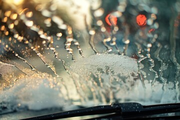 soap suds cascading down the windshield, windshield with soap suds, car wind washing, wind wash, window glass cleaning - obrazy, fototapety, plakaty
