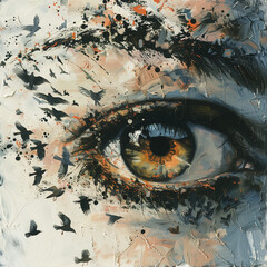 Expressive eye painting with splattered paint and bird silhouettes.
