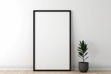 Blank black photo frame hanging on white wall interior with wooden floor. Generative AI