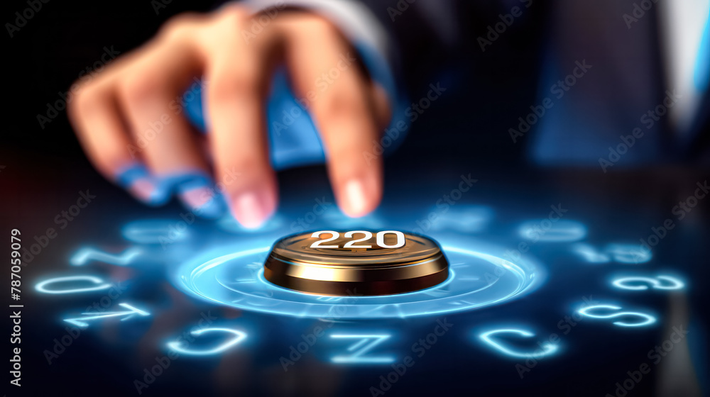 Poster a man is pointing at a computer screen with a blue button in the middle.