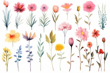 Botanical watercolor hand drawn flowers paint brush line art, spring background. Generative AI