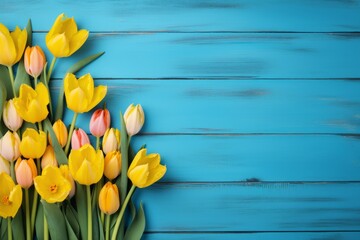 Yellow tulips on blue wooden background. Generative AI