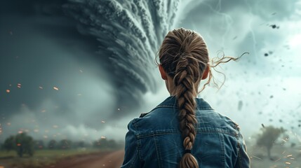 a young girl is standing in front of a tornado - obrazy, fototapety, plakaty