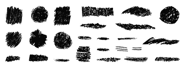 Charcoal scribble textures. Vector hand-drawn squiggle set. Crayon crosshatch shapes, underlines and strike through. Thick pencil smears, scrawls and scratches. Black on white kids brushstroke lines